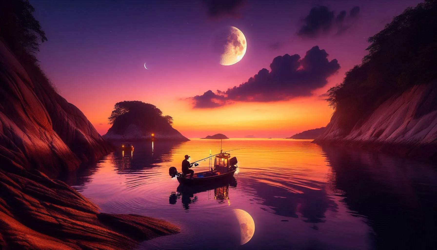 Angler fishing the golden hour with half moon