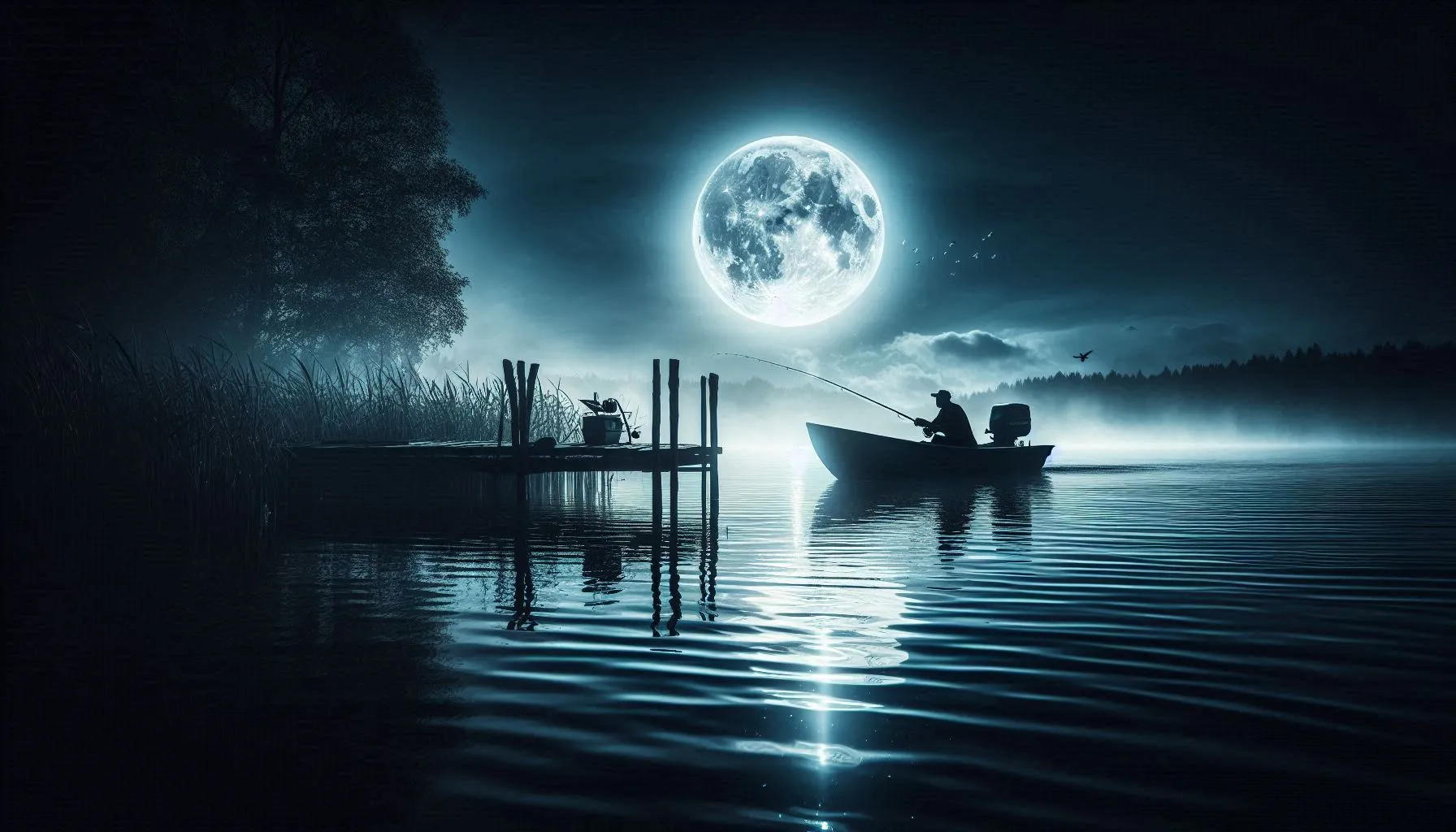 Angler fishing the evening with a full moon