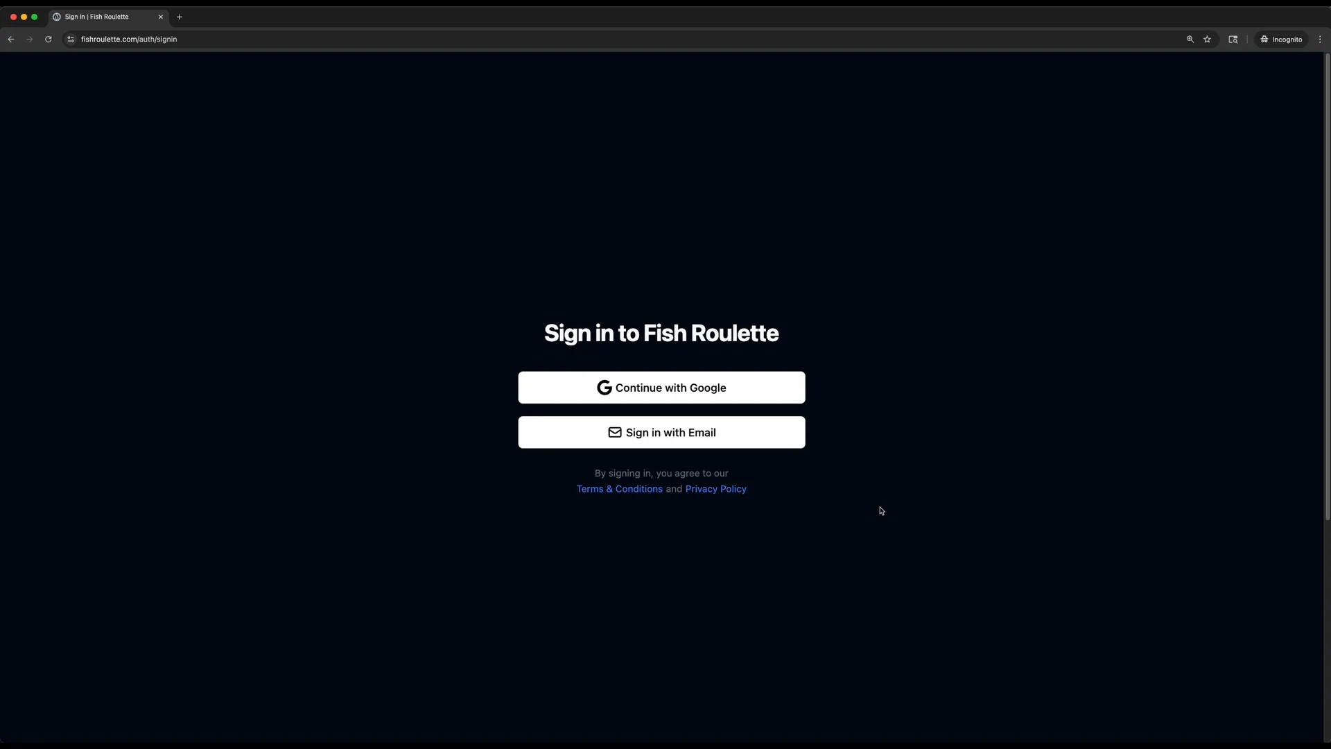 Fish Roulette new user registration page