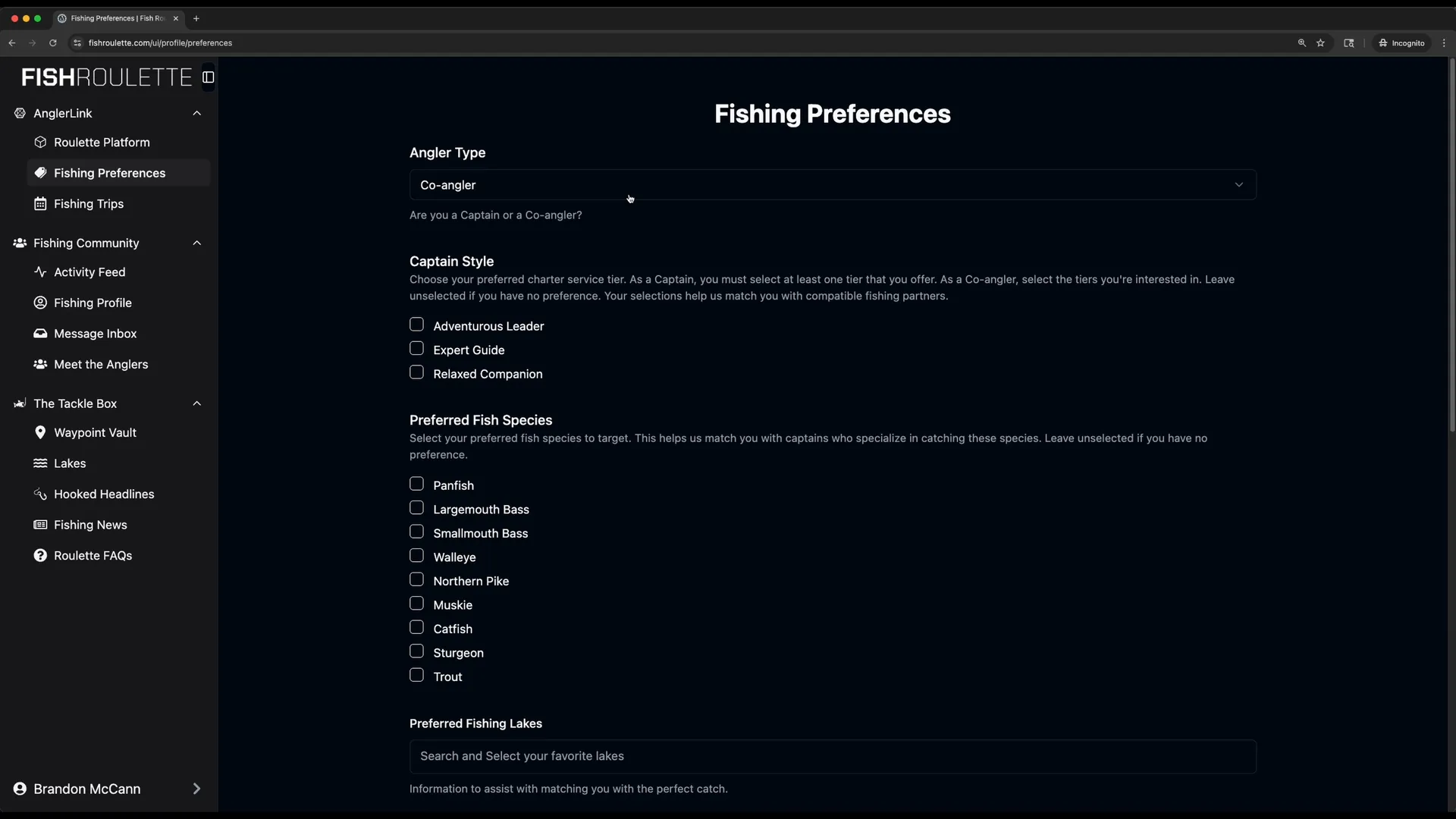 Fish Roulette fishing preferences form