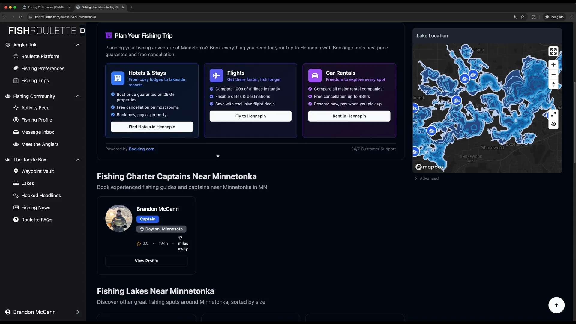 Lake Minnetonka Lake Details page showing Nearby Captains