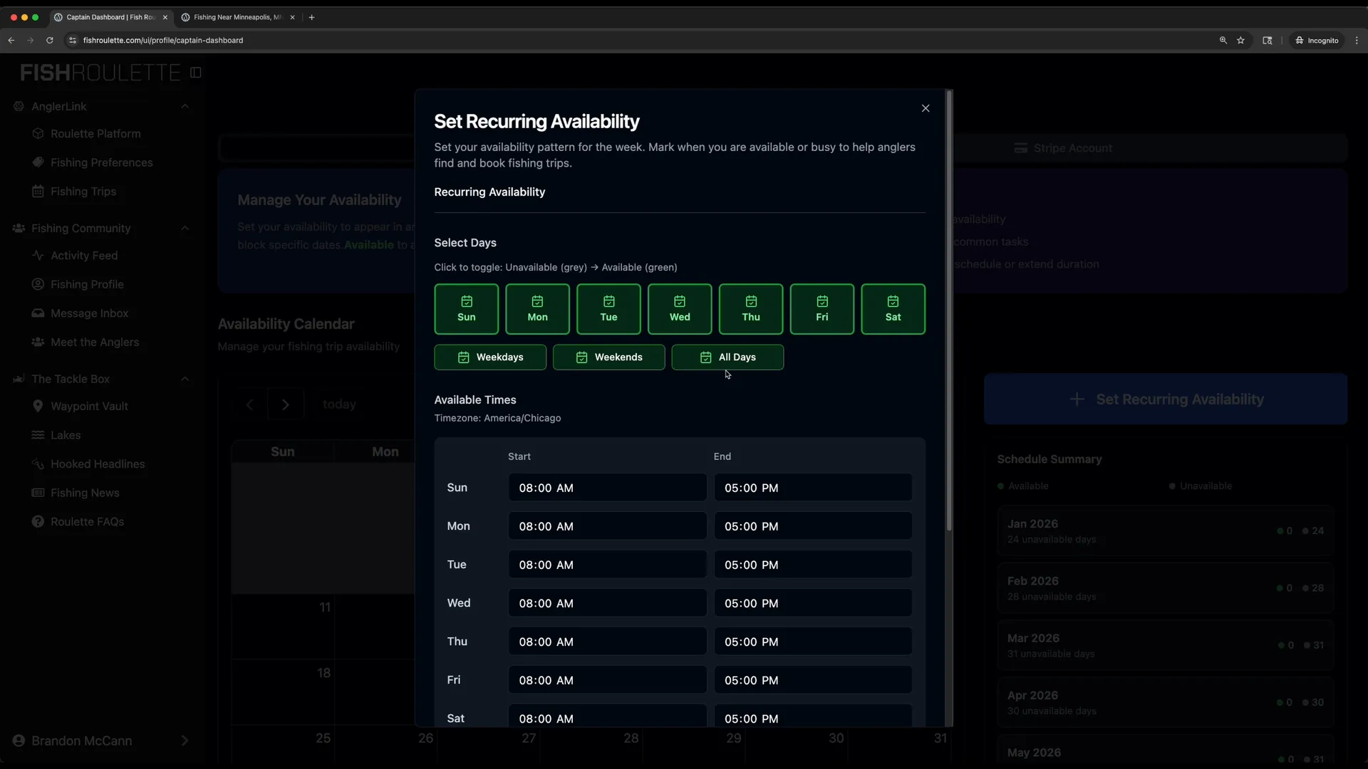 Set Recurring Availability form for Schedule Calendar