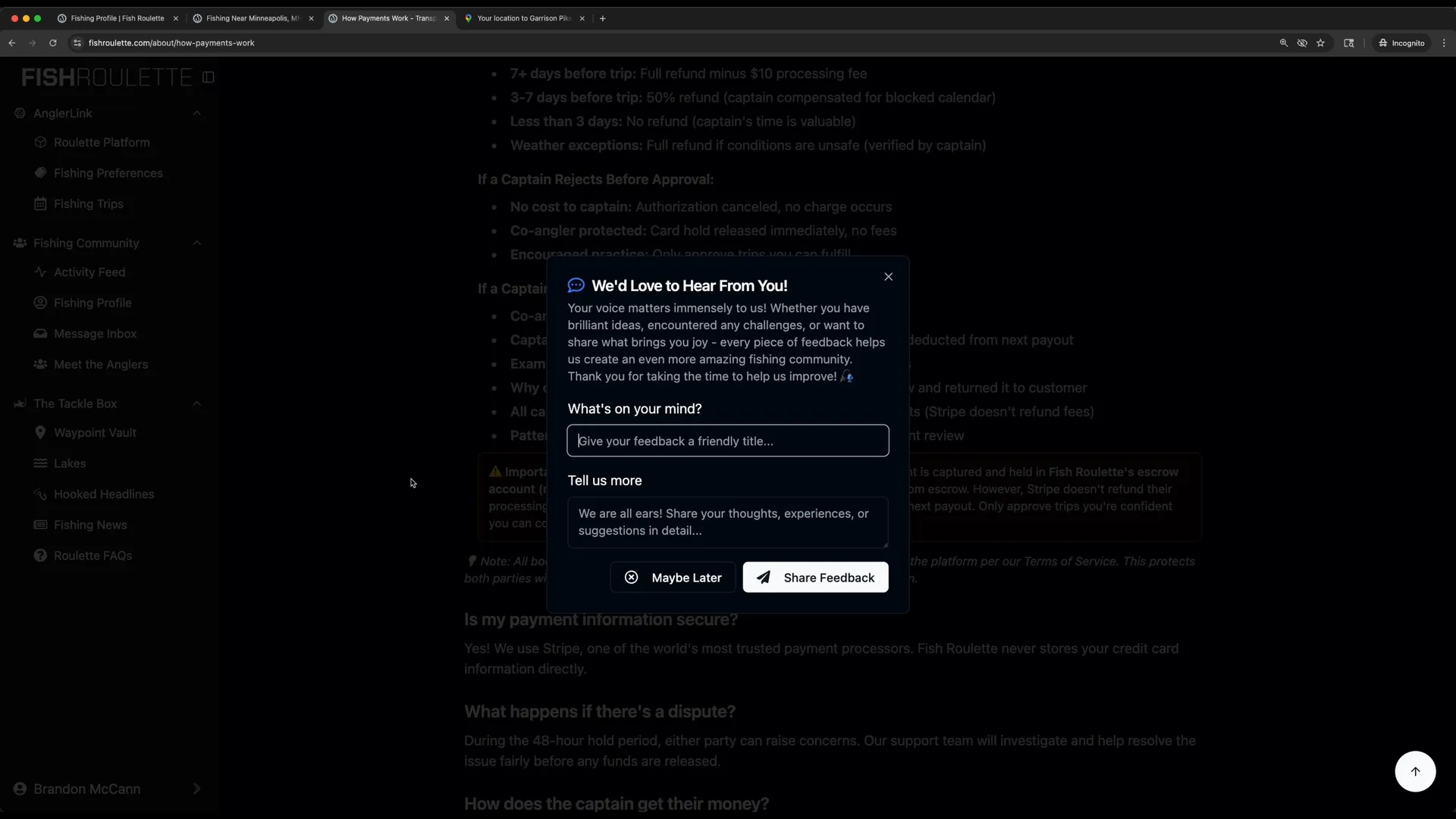 Fish Roulette Share Feedback form