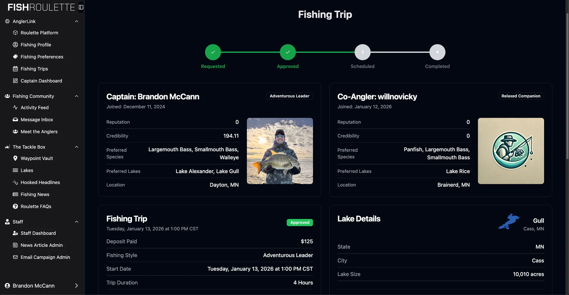 Fishing Trip Details Screen within Fish Roulette platform