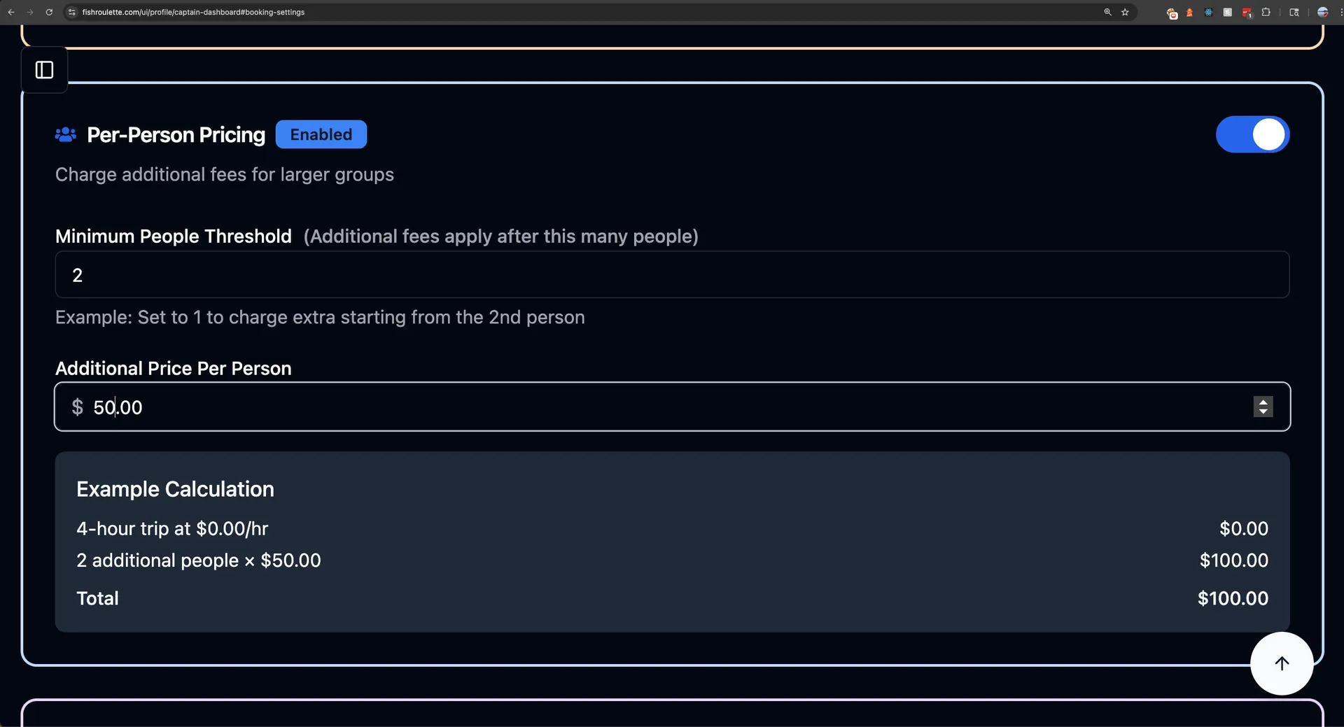 Booking Settings and setting Pricing per Person options